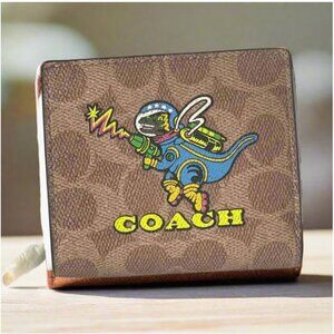 Coach Rexy Cosmic Snap Wallet Signature Canvas Brown ID Coin Zip CW463 Dinosaur